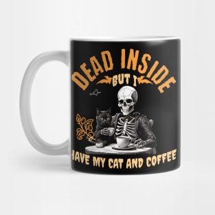 Halloween skeleton drinking coffee with a cat Mug